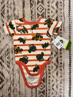 John Deere Orange-Striped Tractor Baby Onesie
